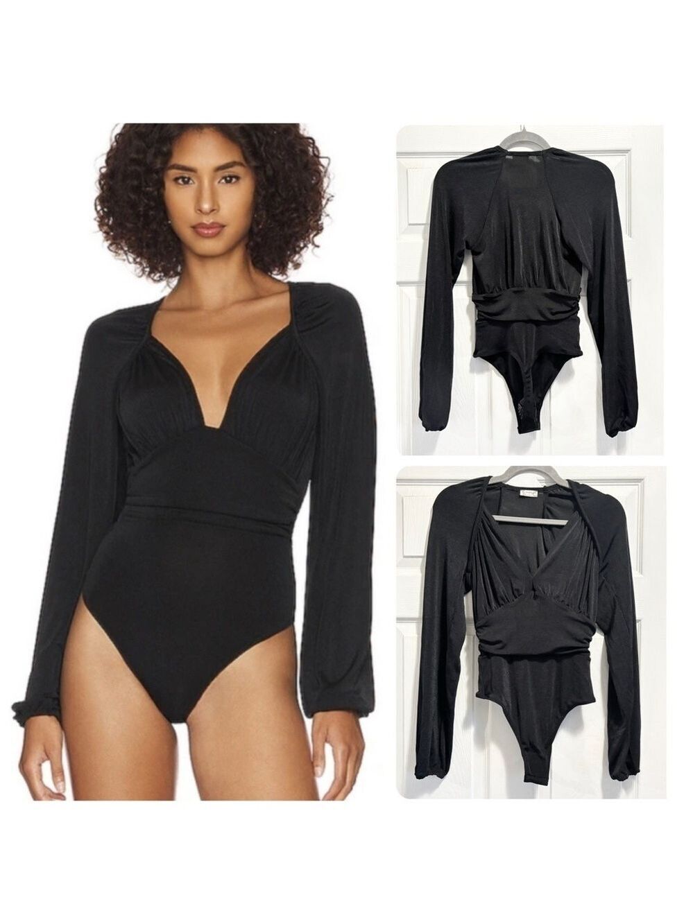 NWOT FREE PEOPLE In Your Arms Shirred
Bodysuit Black Thong Long Sleeve Size XS